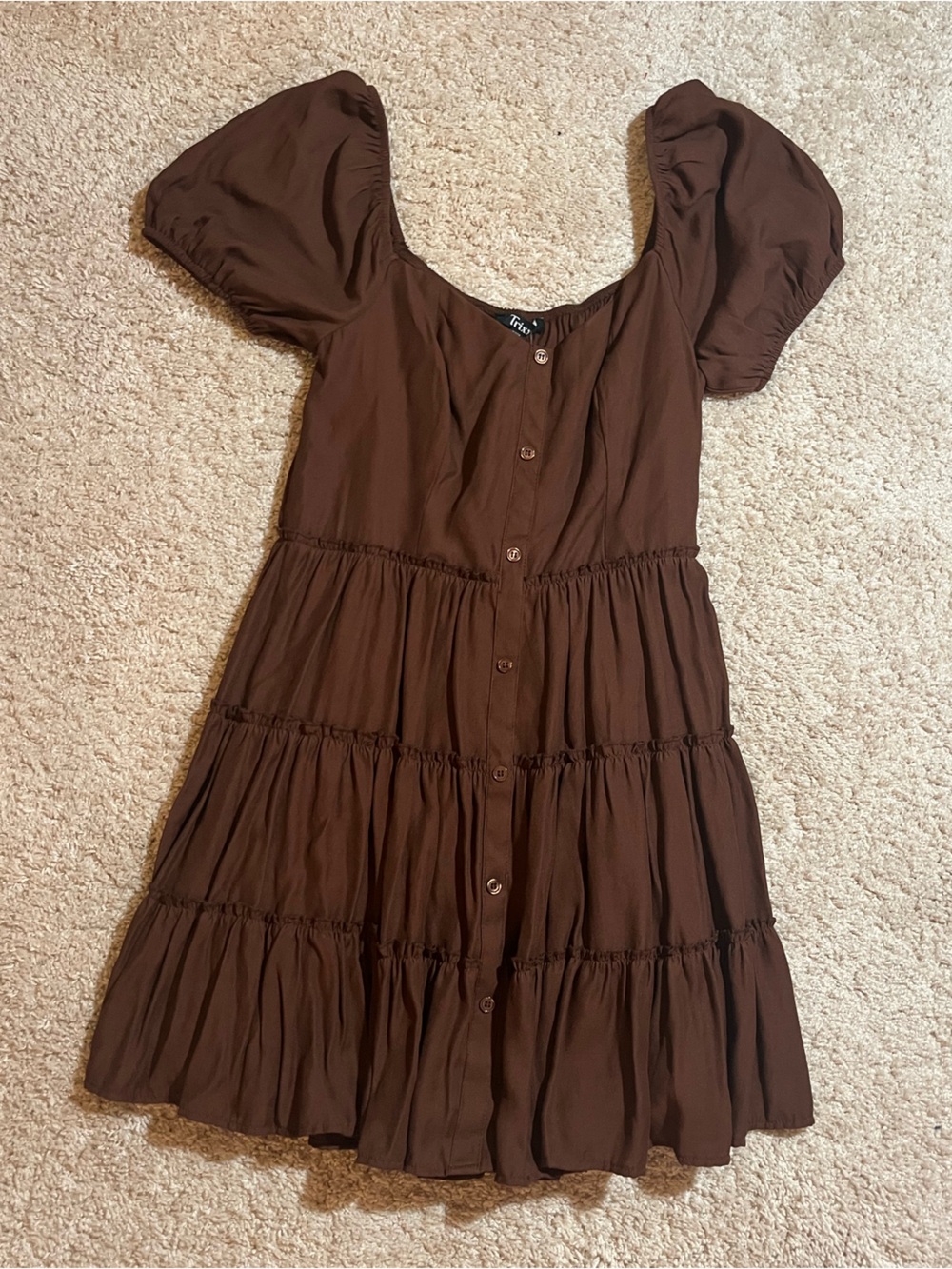 Francesca's Collections Brown Tiered Puff Sleeve Mini Dress